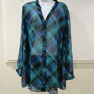 Catherines Womens Top 1X Sheer Button Up Blue Plaid Metallic Fairy Academia Boho